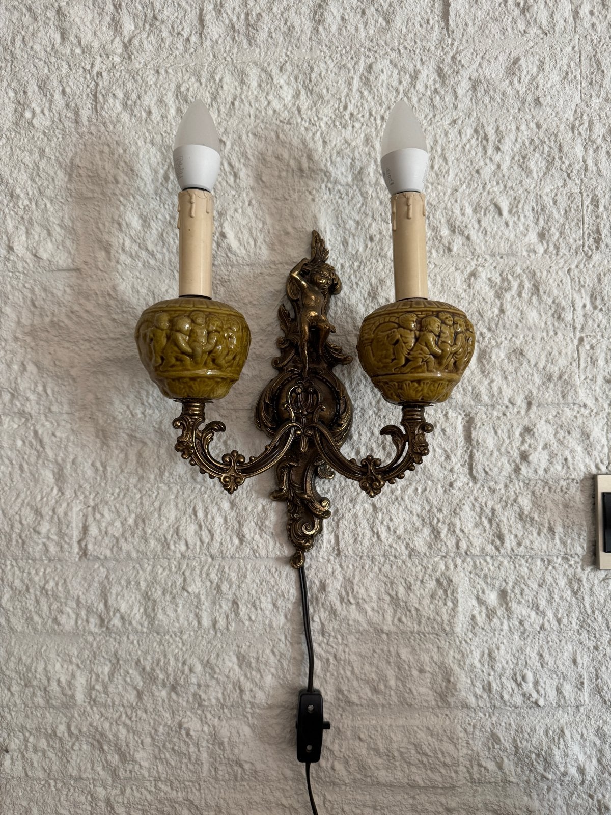 Vintage kandelaar wandlamp met engeltjes, 2 lichtpunten, Ophalen of Verzenden