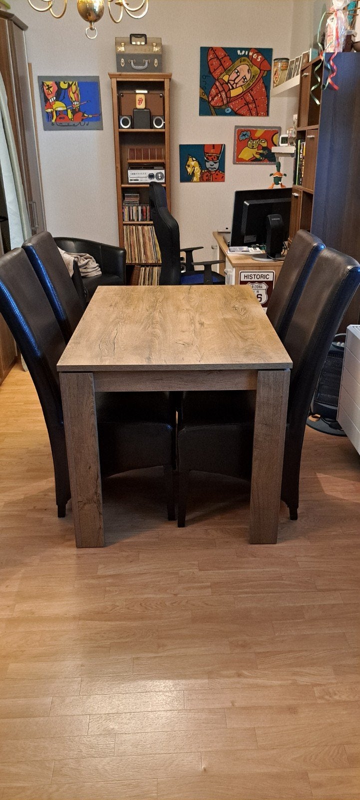 Eettafel met 4 stoelen - Hout en Kunstleer, Huis en Inrichting, Tafels | Eettafels, Ophalen, 50 tot 100 cm, Vierkant, 50 tot 100 cm