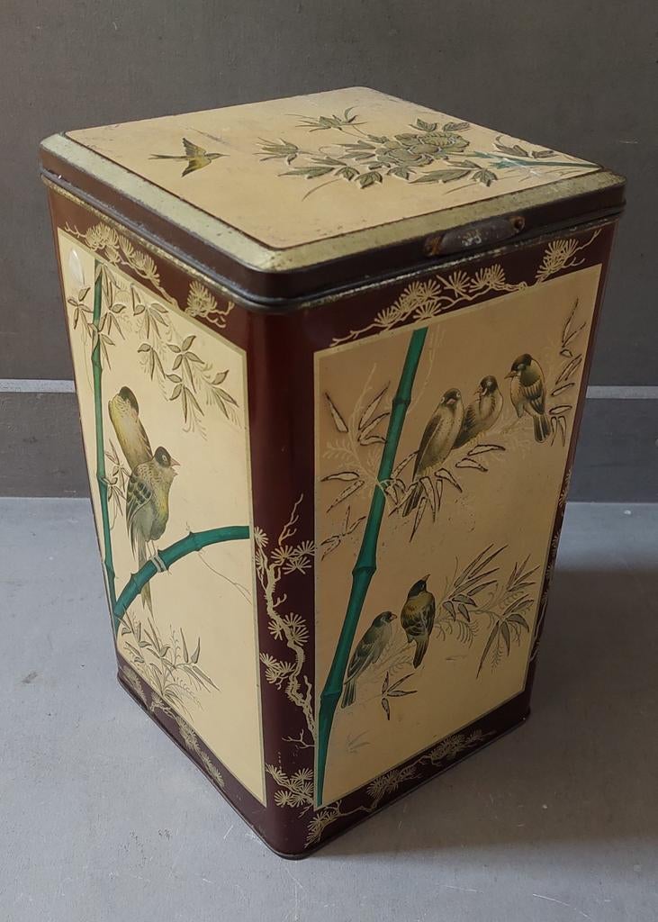 Vintage blikken trommel met vogel- en bamboedecoratie, Ophalen of Verzenden, Gebruikt, Overige