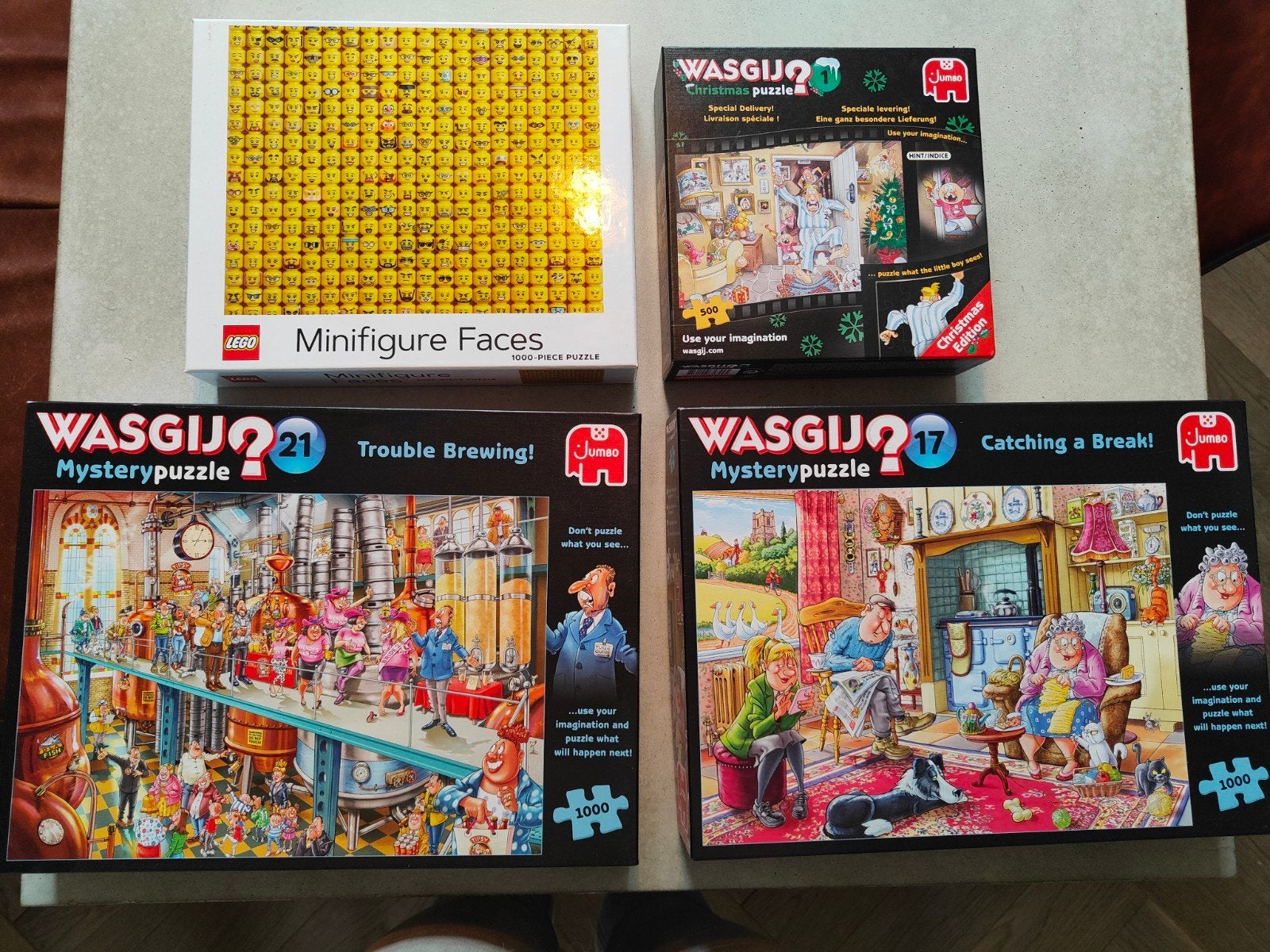 Puzzels: LEGO Minifigure Faces & Wasgij Mystery - t.e.a.b., Een of twee spelers, Ophalen of Verzenden, Gebruikt, Jumbo, LEGO