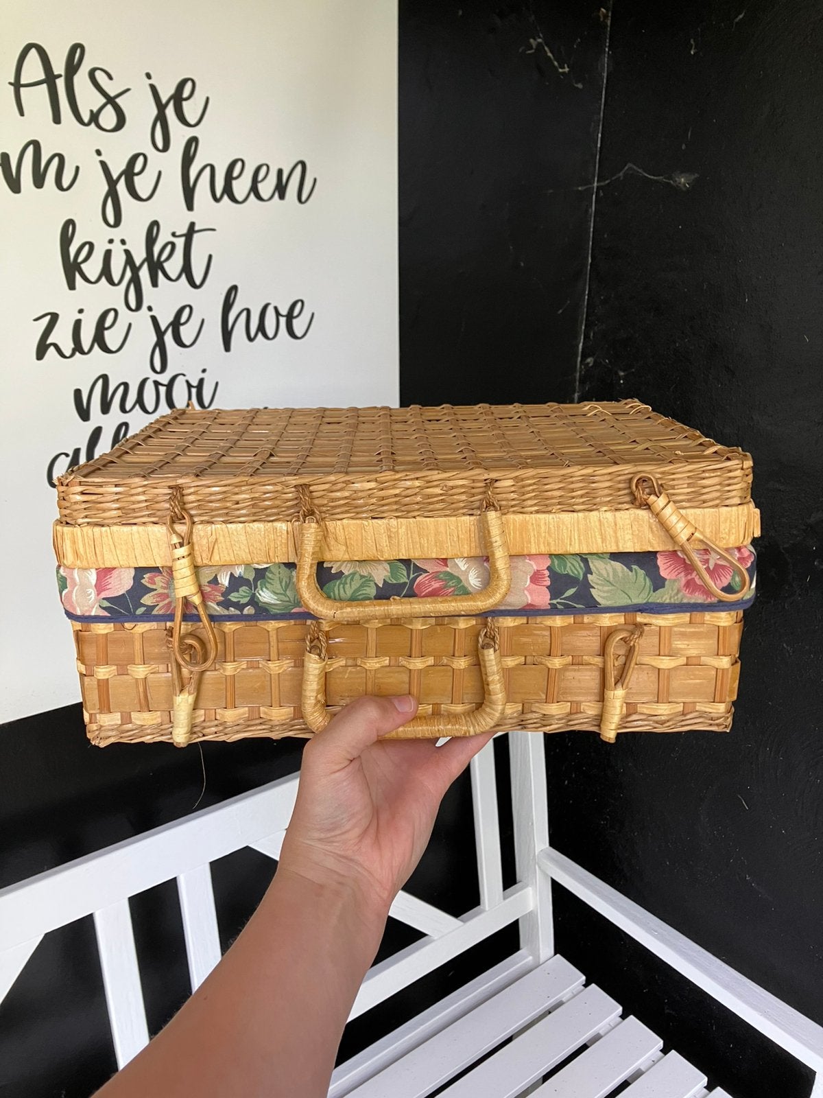 Riet rieten rotan koffer koffertje opbergmand met bloemen, Ophalen of Verzenden, Zo goed als nieuw, Rond, Riet