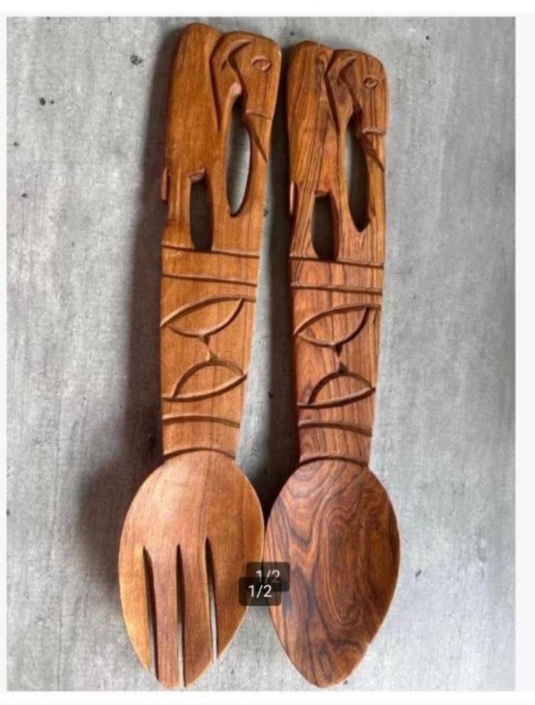 Houten Couvert lepel en vork Set met Olifanten, Ophalen of Verzenden
