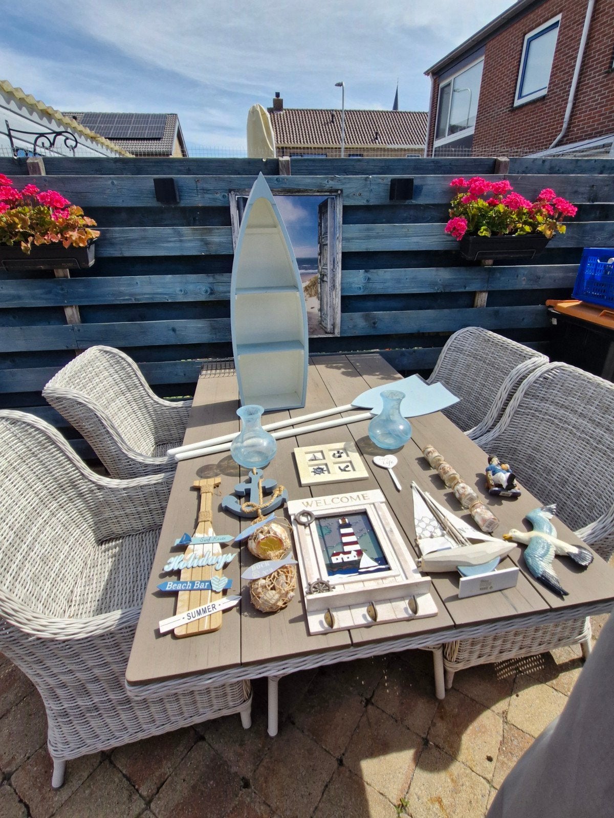 Maritieme decoratie set: bootkastje, peddels, schelpen etc., Ophalen, Gebruikt