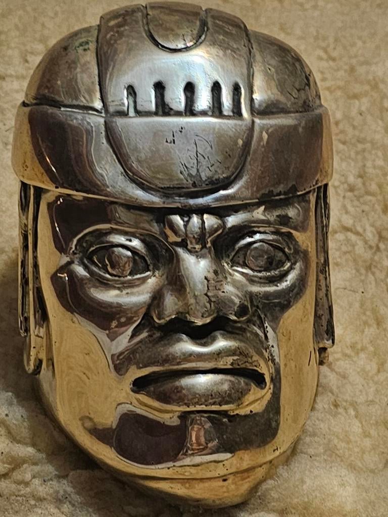D'Argenta Azteekse Krijger Zilveren Hoofd Sculptuur, Antiek en Kunst, Ophalen of Verzenden