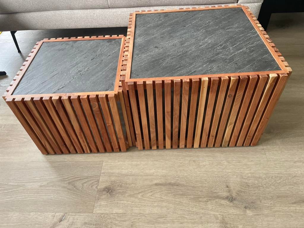 Salontafel leisteen acaciahout, Ophalen, Gebruikt, 50 tot 100 cm, Vierkant