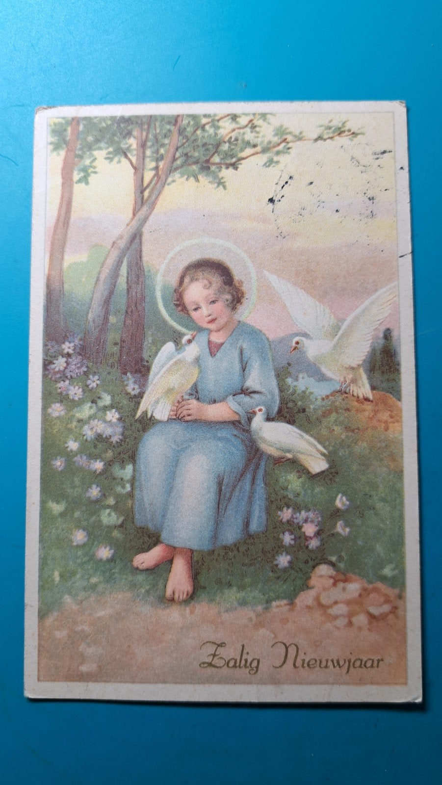 Zalig Nieuwjaar,  meisje met witte duiven, Verzamelen, Ophalen of Verzenden, Voor 1920, Gelopen