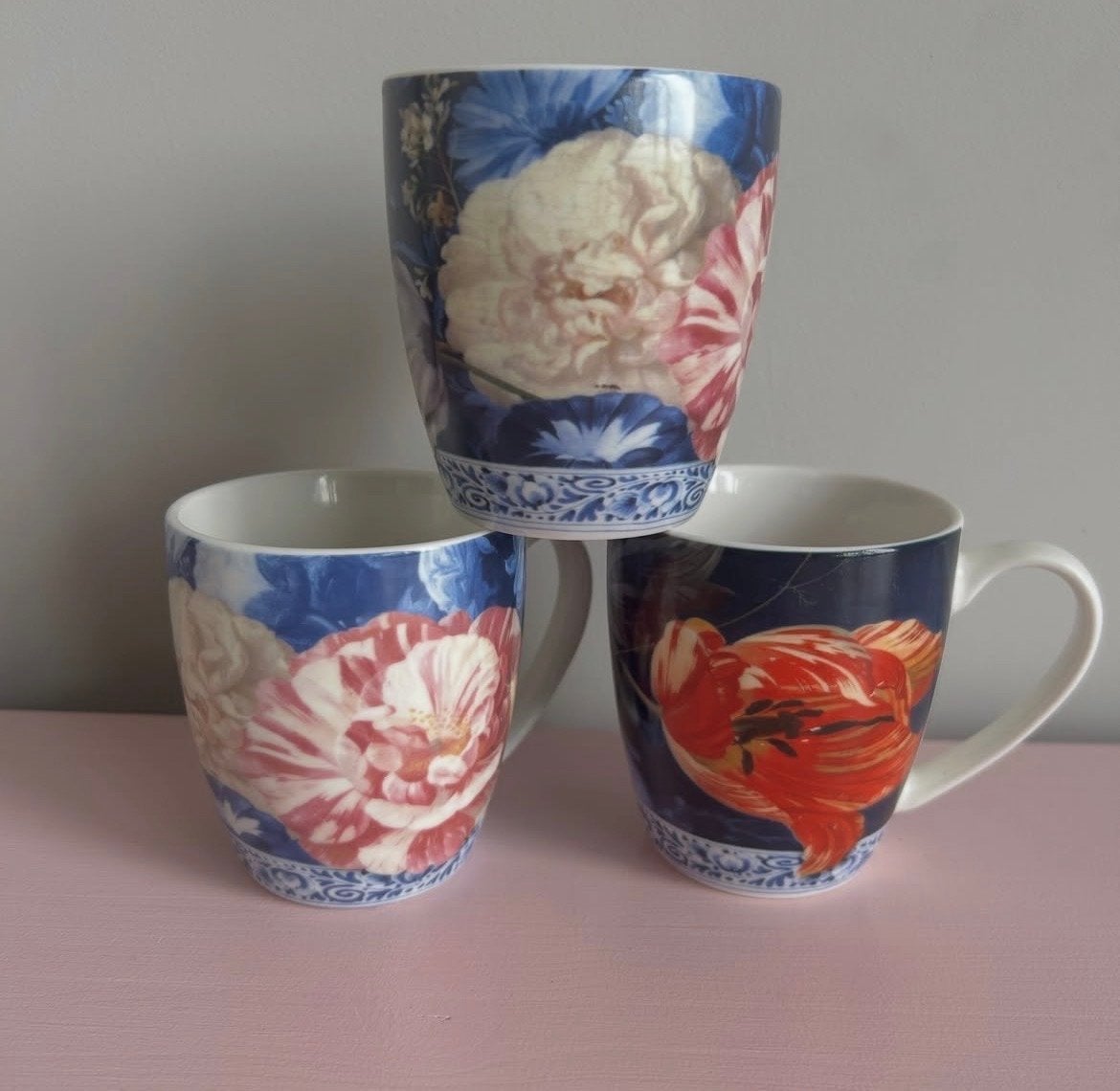 Heinen Delfts Blauw Mokken met Bloemenprint, Overige merken, Keramiek, Zo goed als nieuw, Delftsblauw
