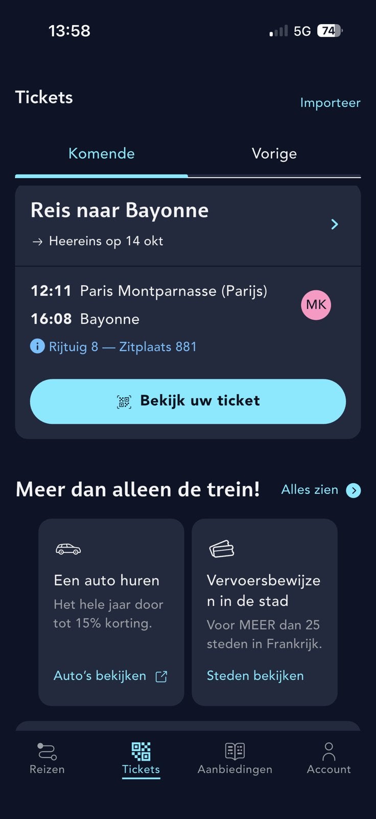 TGV Parijs -Bayonne 14 okt 2026, Eén persoon, Trein, Buitenland, Met bestemming of datum
