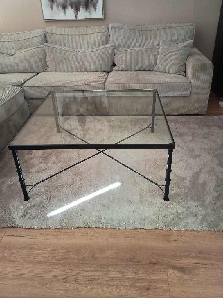 Salontafel met glasplaat, Huis en Inrichting, Tafels | Salontafels, Ophalen, Gebruikt, 100 tot 150 cm, Vierkant