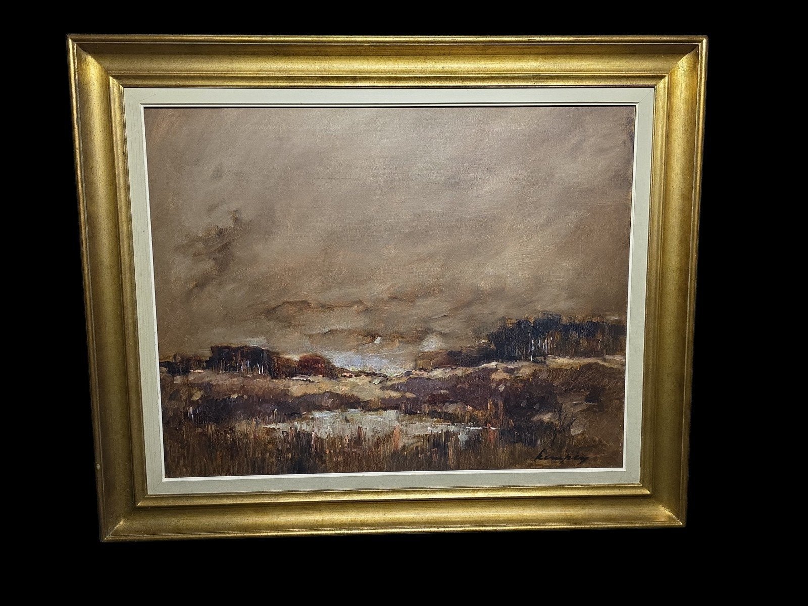 Schilderij: Landschap met water en bomen, gesigneerd, Doek, Impressionistisch, Ophalen of Verzenden, Landschap