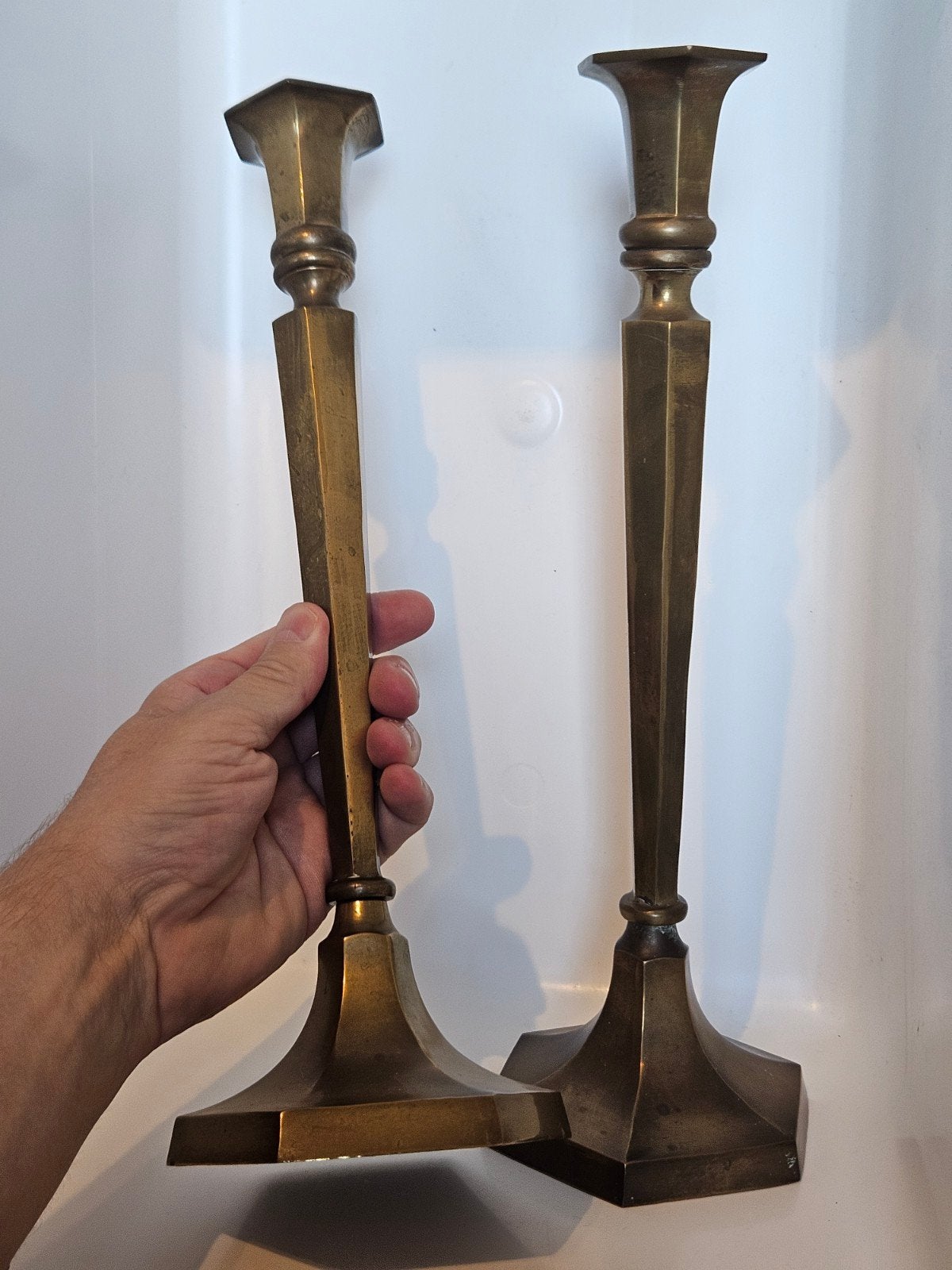 Set van 2 grote koperen vintage klassieke kandelaars, Verzenden, Koper of Brons