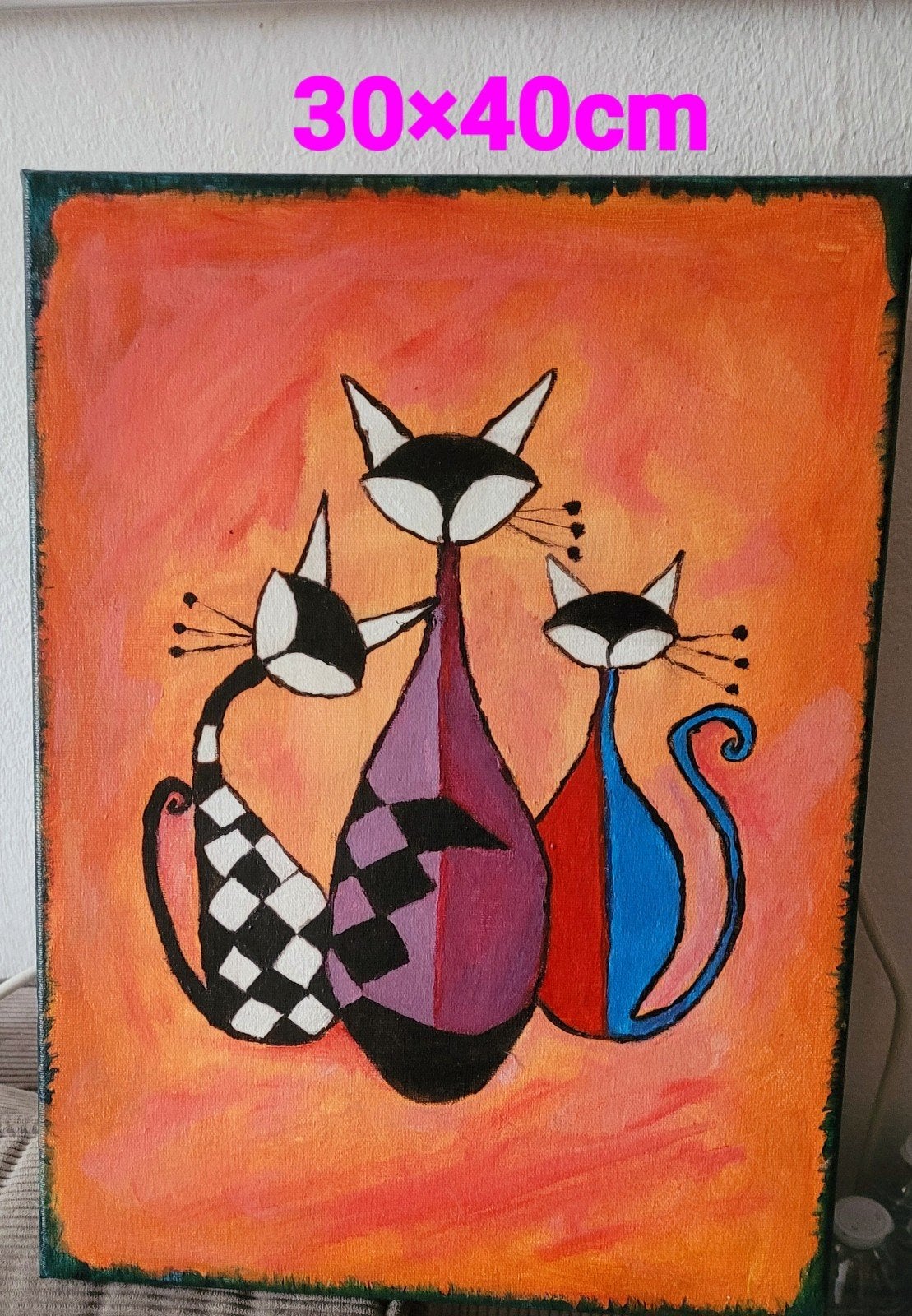 Schilderij met drie gestileerde katten, 30x40cm, Ophalen of Verzenden