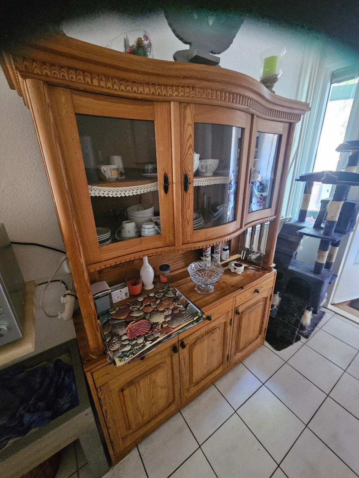 Massief eikenhouten vitrinekast met glas en lades, Huis en Inrichting, Ophalen, Gebruikt, Klassiek, Met lade(s)