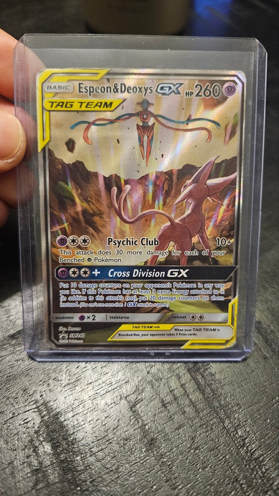 Espeon & Deoxys GX TAG TEAM Pokémon Kaart SM240, Ophalen of Verzenden, Gebruikt, Losse kaart