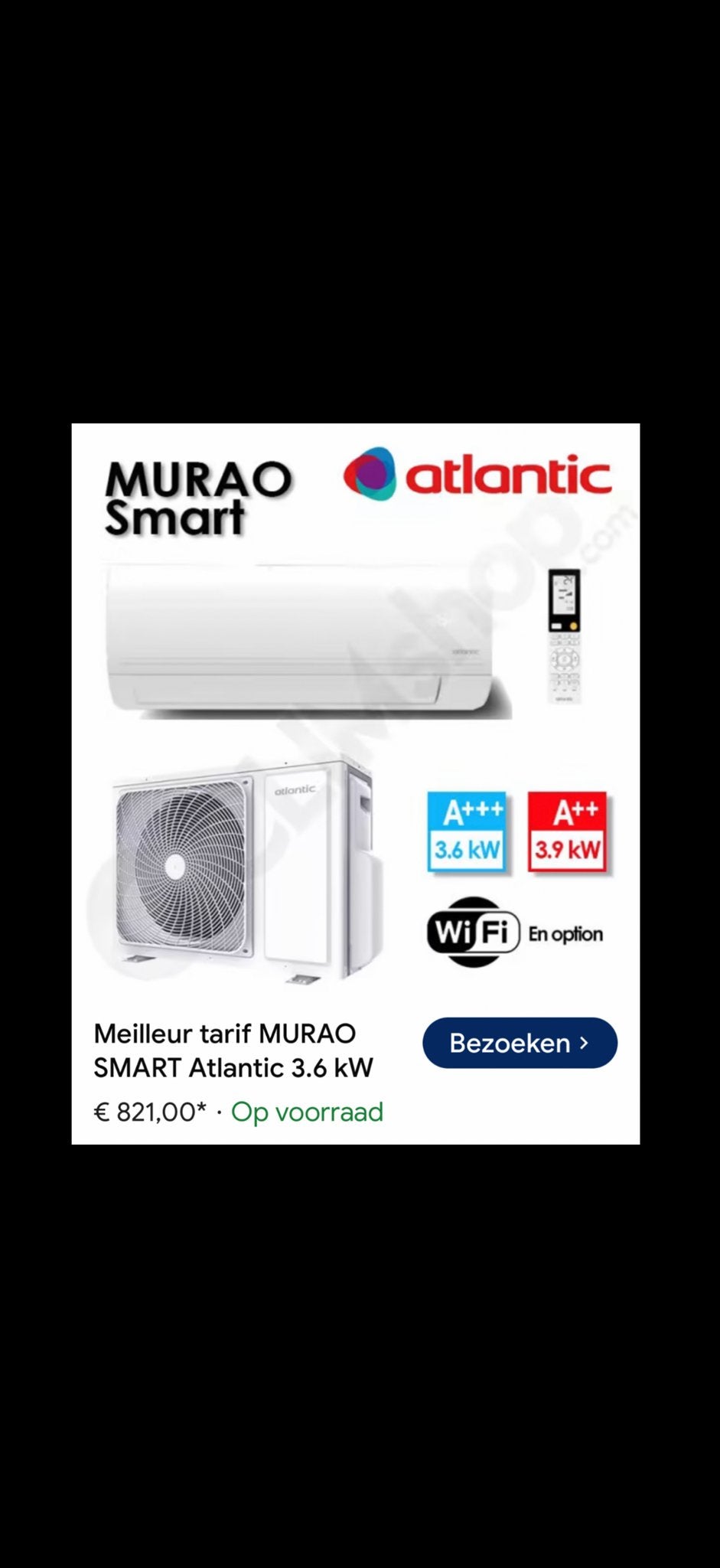 Atlantic MURAO Smart Airco 3.6 kW A+++ Koelen/Verwarmen, Nieuw, Ophalen of Verzenden, Energieklasse A of zuiniger, Koelen en Ontvochtigen