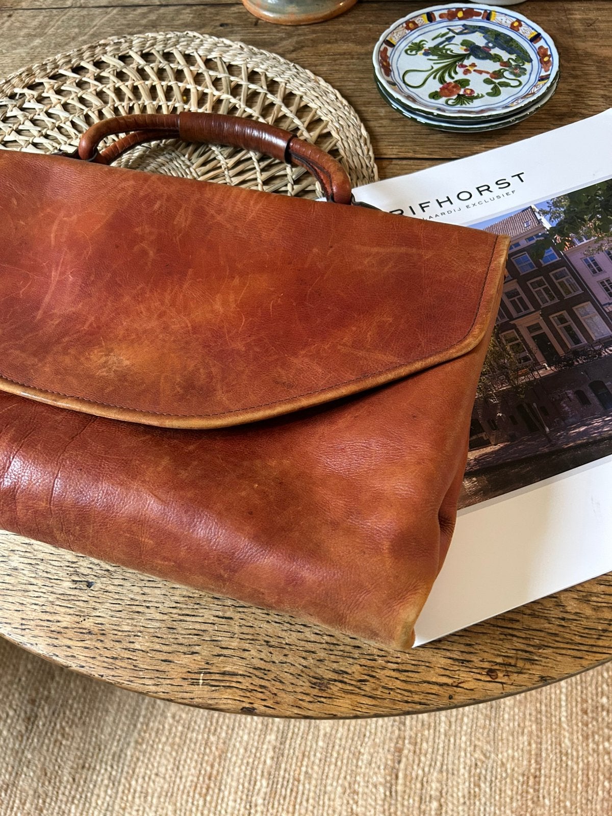 Vintage leren Italiaanse handtas actetas laptoptas, Ophalen of Verzenden, Zo goed als nieuw