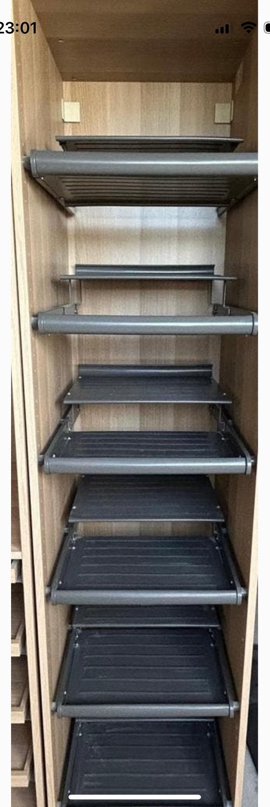 PAX kast met 6x Uittrekbaar schoenenrek, donkergrijs, Ophalen, 200 cm of meer, 50 tot 100 cm, Zo goed als nieuw