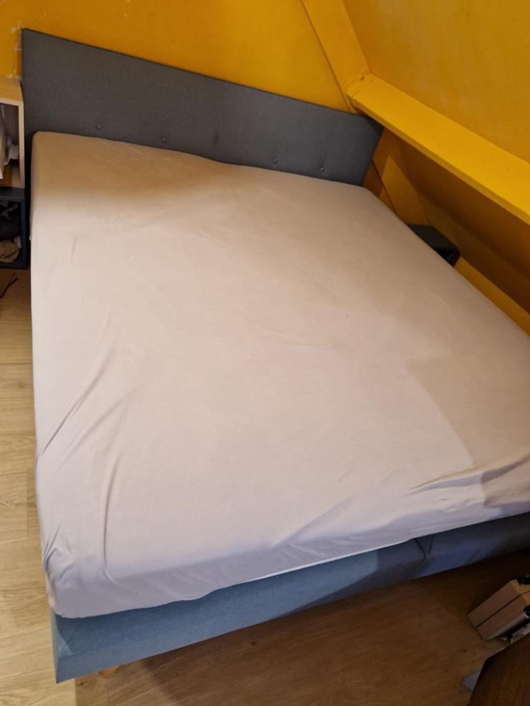 Boxspring 180x200cm met topper en hoofdbord, Ophalen, Tweepersoons, 180 cm, Stof