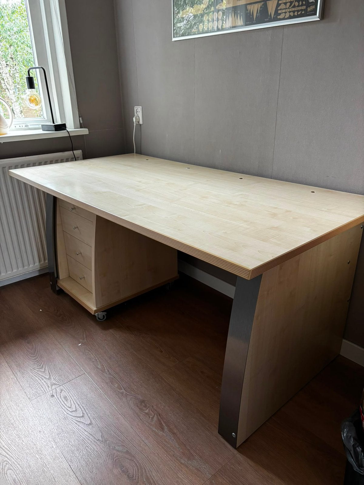 Stevig multiplex bureau 160x80 + verrijdbaar ladekastje, Huis en Inrichting, Ophalen, Gebruikt