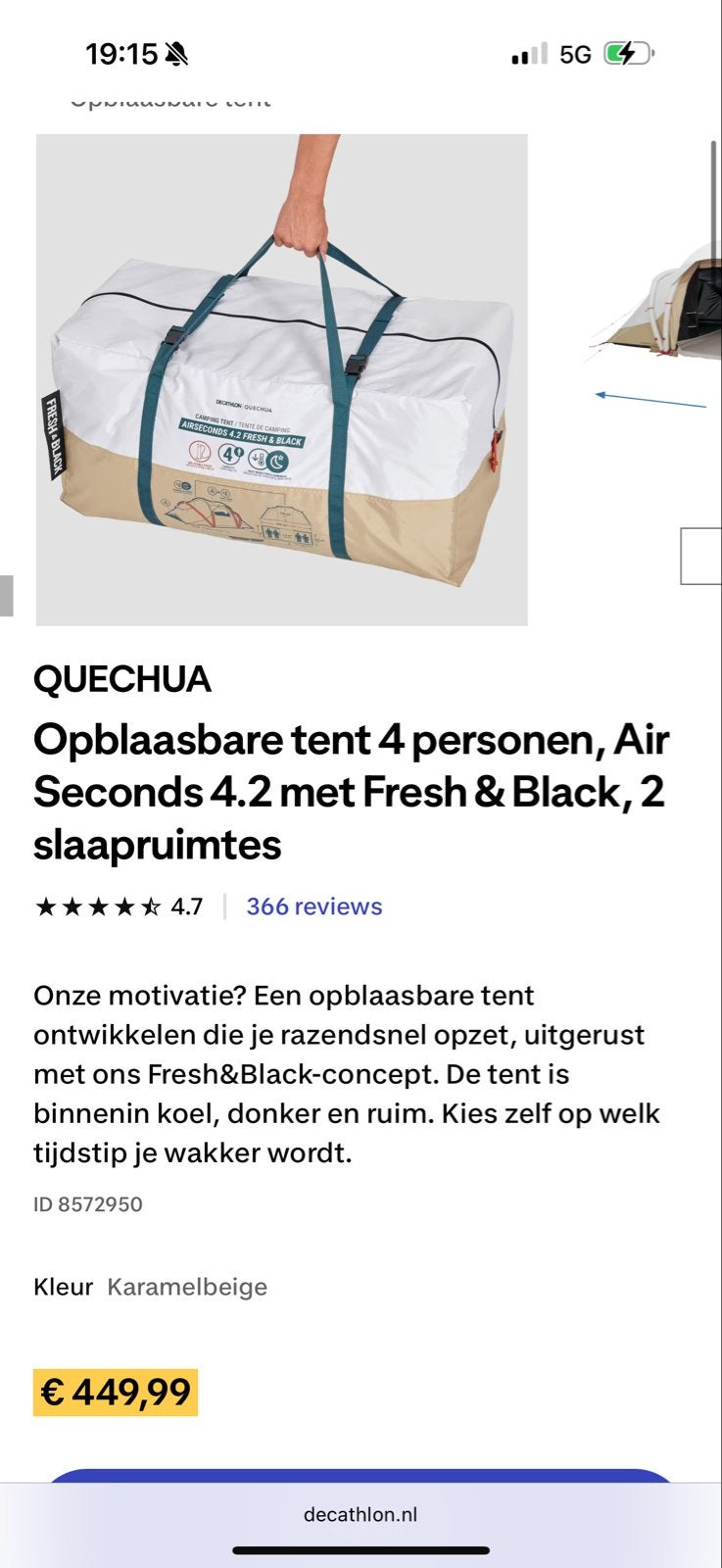 Quechua Air Seconds 4.2 Fresh & Black opblaasbare tent, Ophalen of Verzenden, Zo goed als nieuw, Tot en met 4