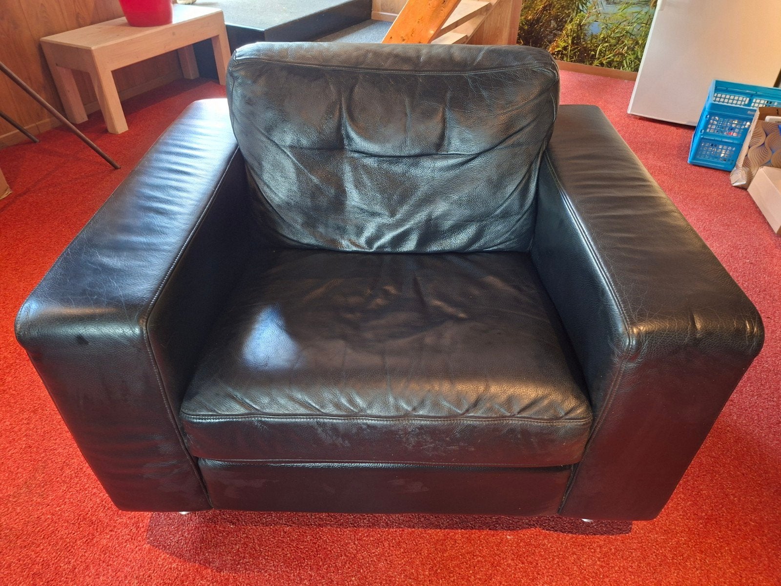 Comfortabele zwarte leren fauteuil, Huis en Inrichting, Ophalen, Gebruikt, 75 tot 100 cm, Modern