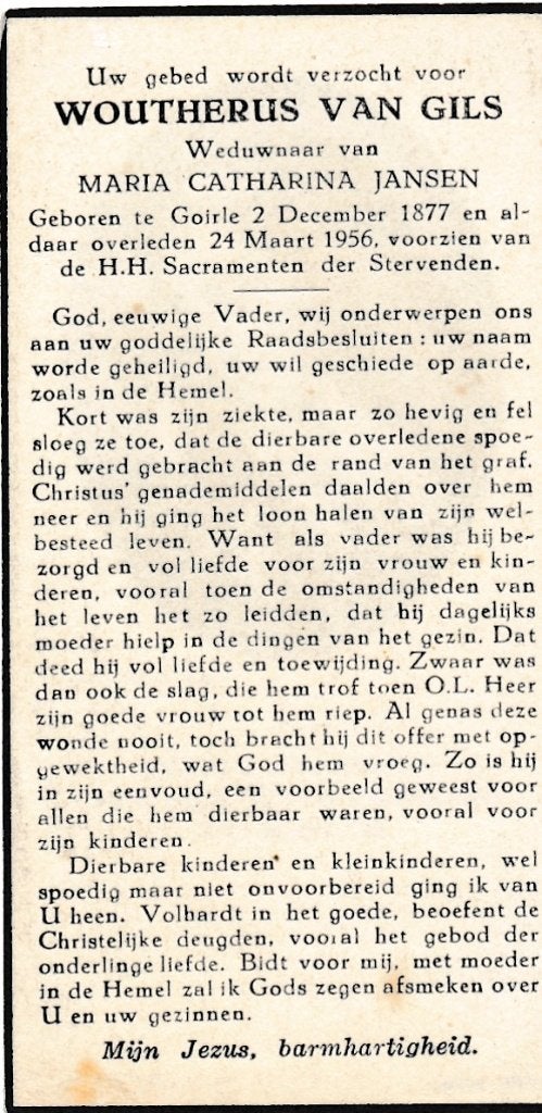 Gils Woutherus 1877 Goirle 1956, Ophalen of Verzenden, Bidprentje