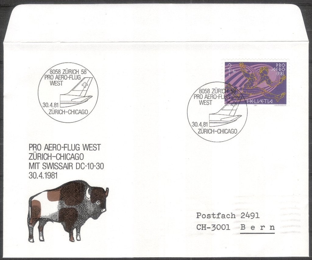 Zwitserland - Pro Areo-flug West 1981 - Zürich - Chicago, Postzegels en Munten, Brieven en Enveloppen | Buitenland, Verzenden