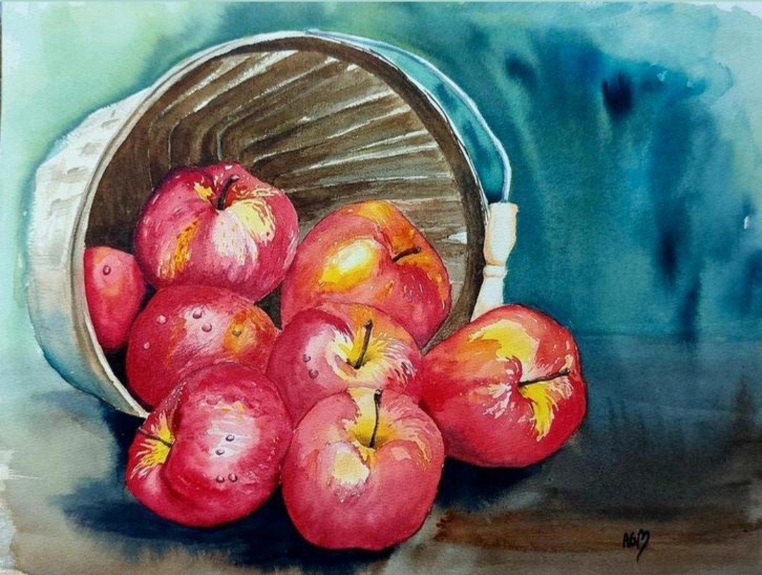 Aquarel mand appels, Ophalen of Verzenden