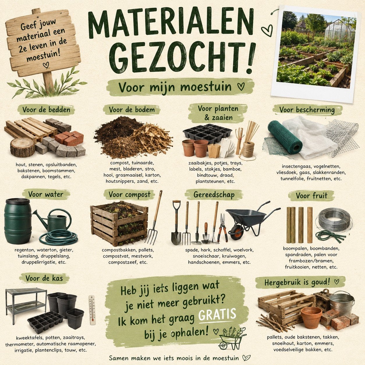 Moestuin spullen gezocht/aarde - compost - houtsnippers, Ophalen