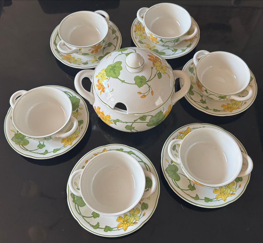 Villeroy & Boch Geranium Soepkommen met Deksel en Schotels, Gebruikt, Ophalen of Verzenden, Overige stijlen, Kop(pen) en/of Schotel(s)