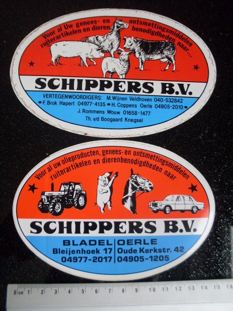 2x sticker schippers bladel oerle olie producten geneesmid, Verzamelen, Stickers, Verzenden, Zo goed als nieuw, Bedrijf of Vereniging