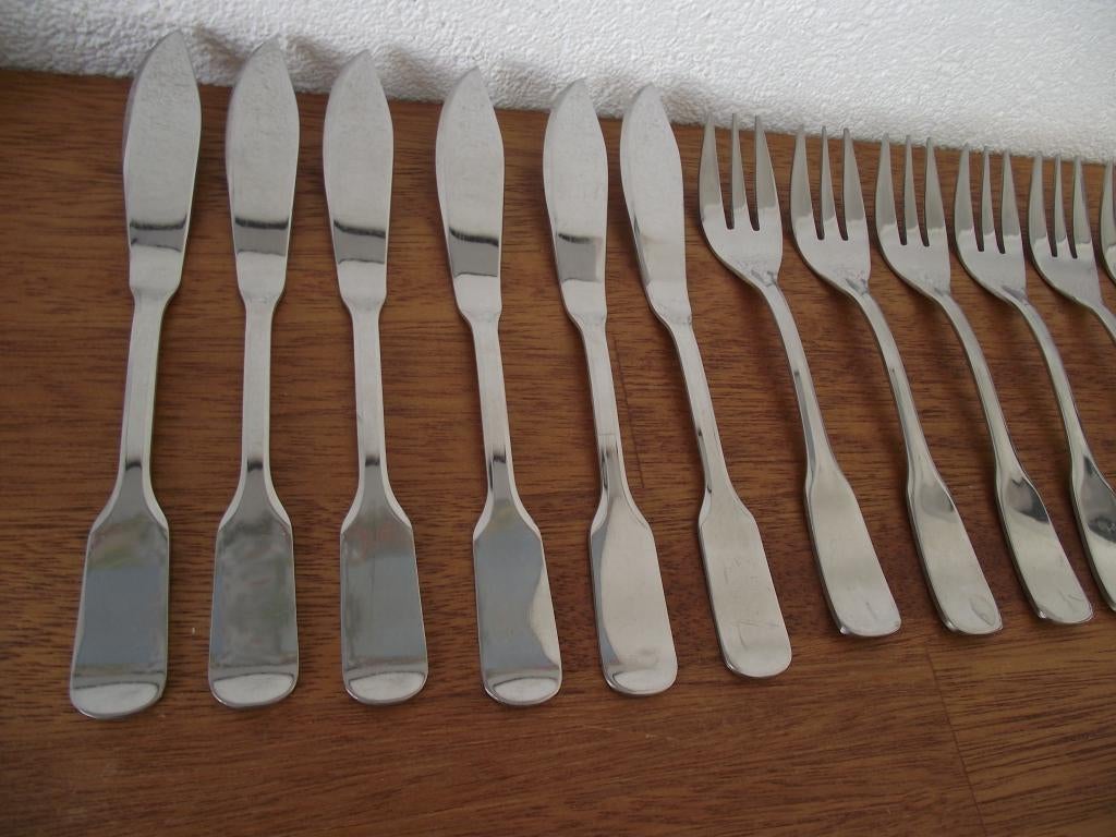 12 RVS Haags Lofje visbestek 6 vismes 6 visvork France p st, Ophalen of Verzenden