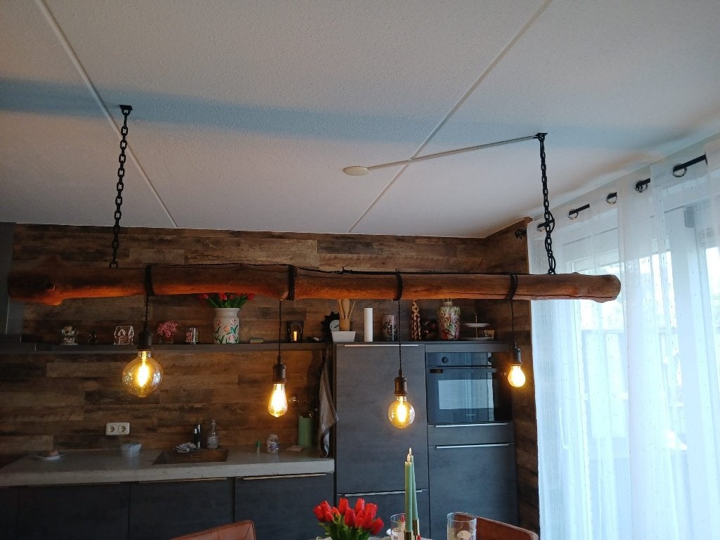 industriële boomstamhanglamp 211cm, Ophalen, Gebruikt, Hout, E27 (groot)