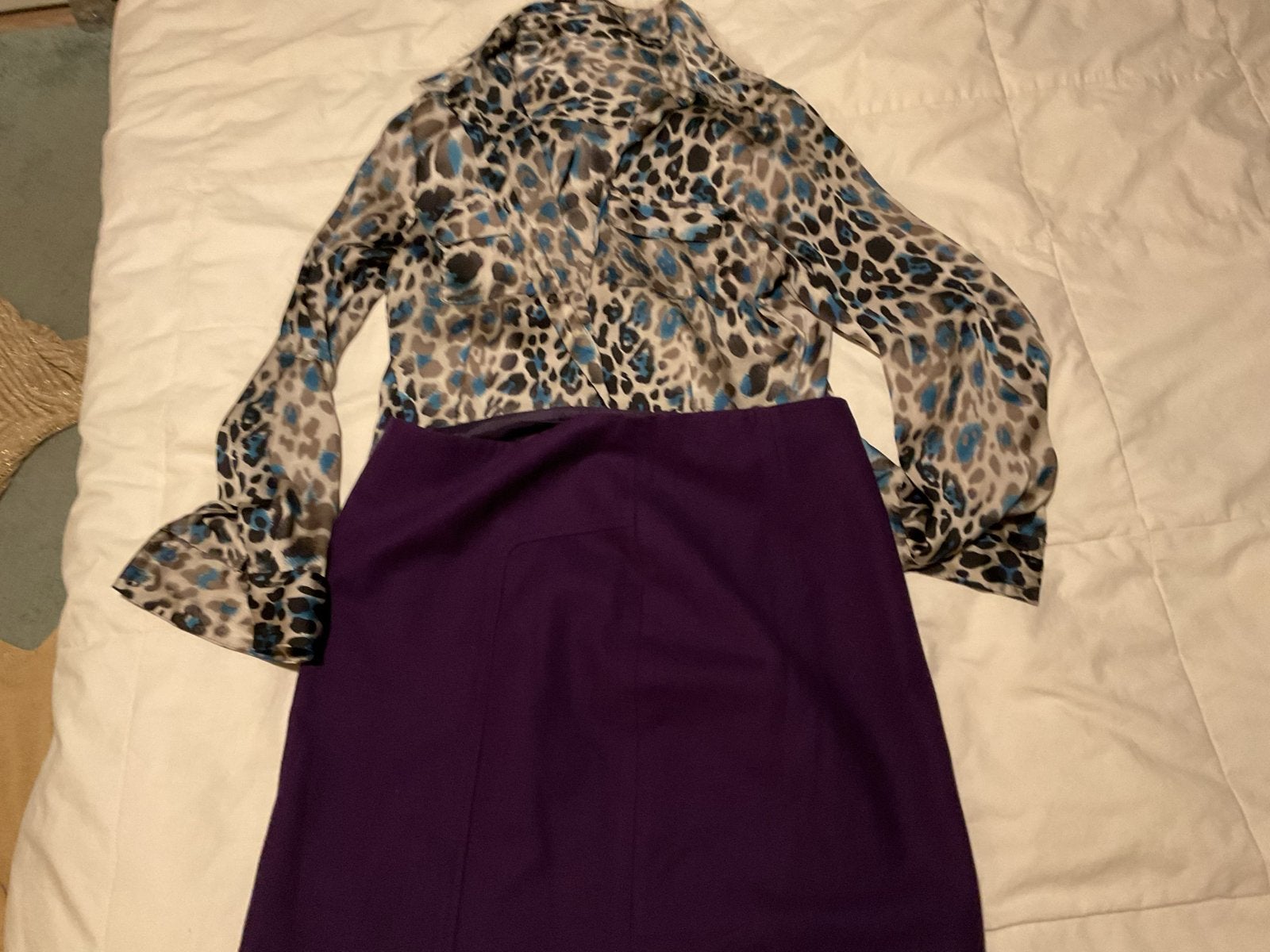 Paarse wollen rok en blouse met print - Maat 40, Kleding | Dames, Ophalen of Verzenden, Gedragen, Maat 38/40 (M), Paars