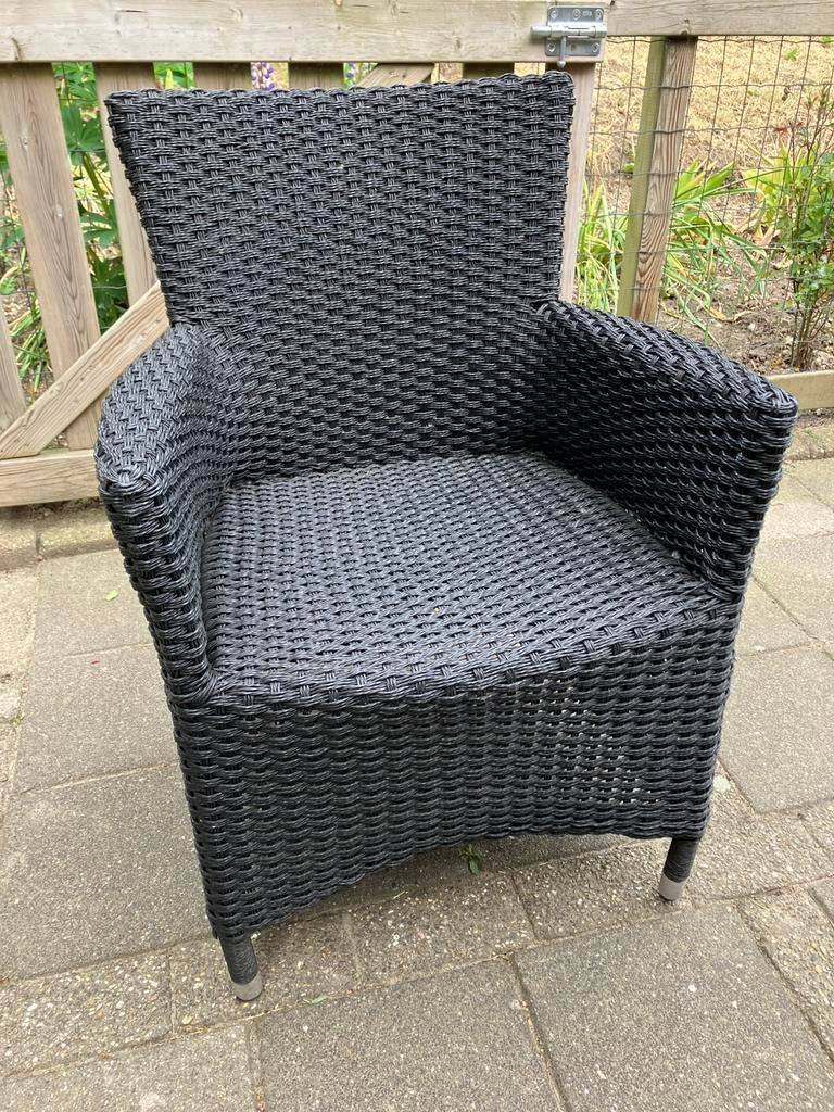 Tuinstoel stoel buiten riet rotan zwart kunststof fauteuil, Ophalen, Zo goed als nieuw, Kunststof