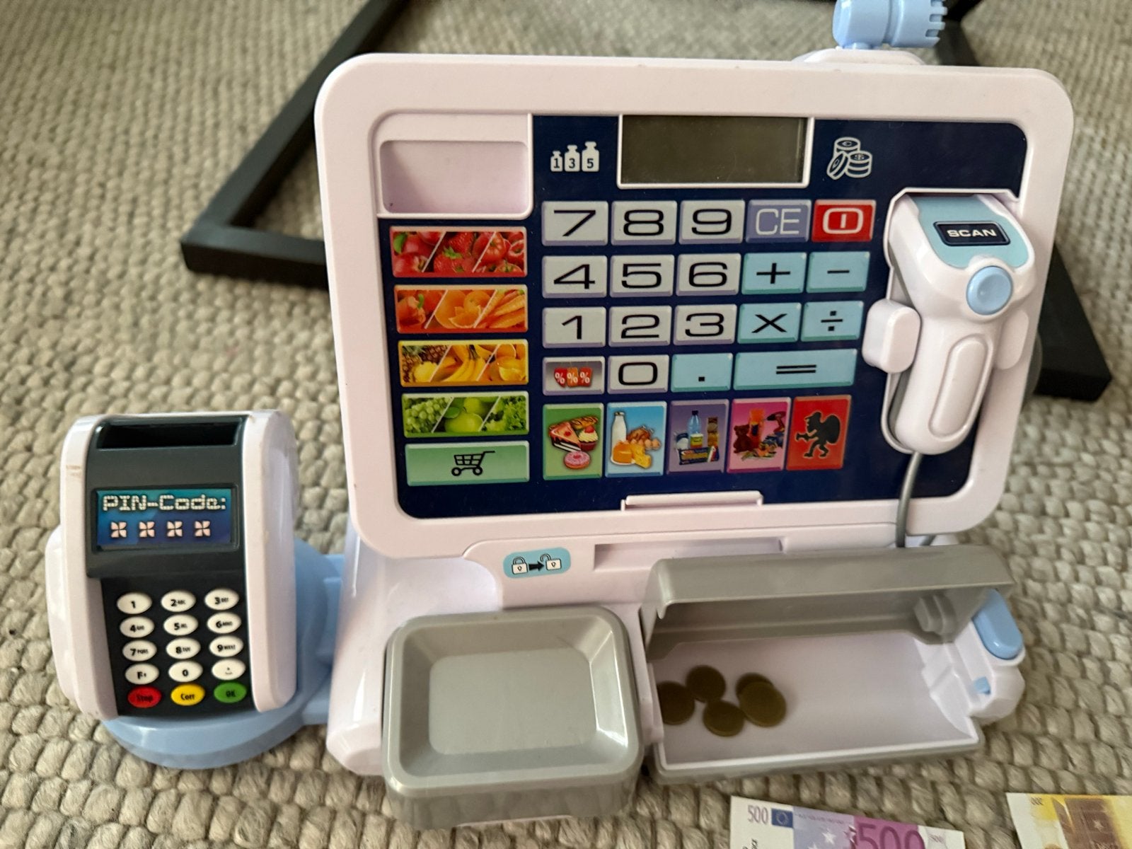 Speelgoed kassa met pinautomaat en speelgeld, Ophalen, Gebruikt, Ontdekken, Met geluid