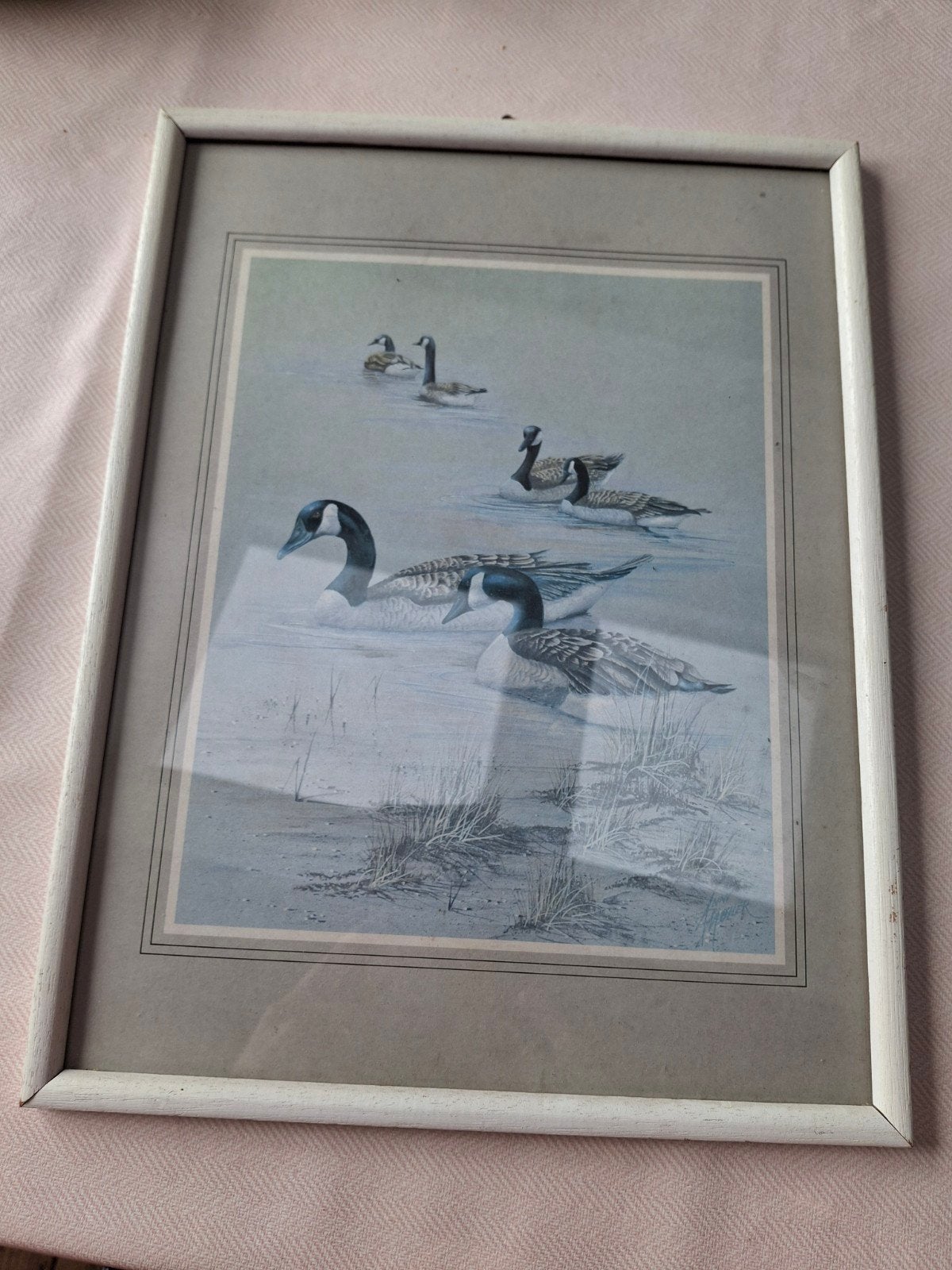 Ingelijste print van ganzen in water - 38x28 cm, Huis en Inrichting, Minder dan 50 cm, Gebruikt, Ophalen of Verzenden, Print