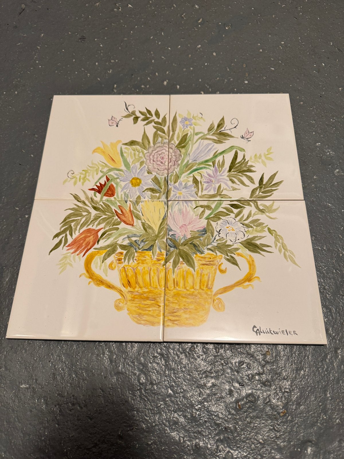 Tegel tableau bloemen mand, Antiek en Kunst, Ophalen of Verzenden