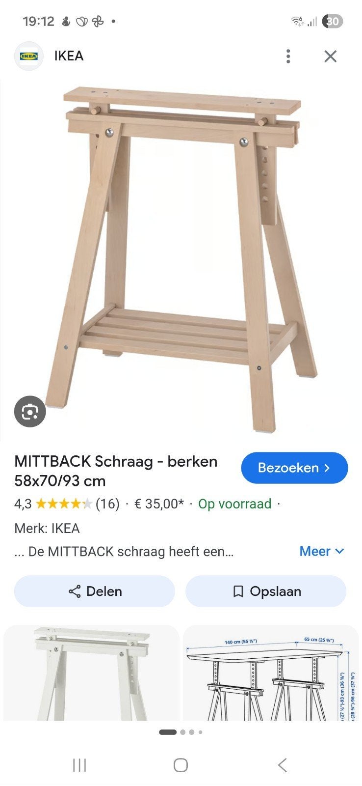 IKEA MITTBACK Schraag - berken, verstelbaar, Ophalen, Modern, Scandinavisch, 55 tot 75 cm, Zo goed als nieuw