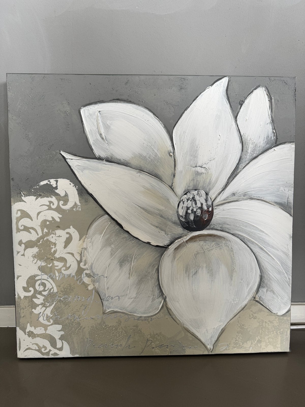 Canvas schilderij bloem 60x60 cm Taupe/Beige, Antiek en Kunst, Ophalen
