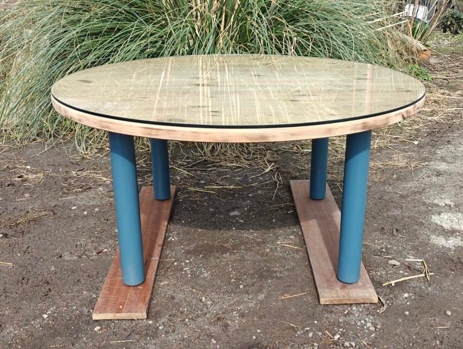 Massief eiken salontafel met glasplaat, Ophalen, Zo goed als nieuw, Rond