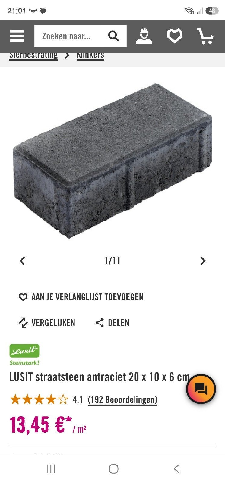 gratis ophalen Lusit Straatsteen Antraciet 20x10x6 cm - Nieu, Ophalen, Klinkers, Nieuw, 10 m² of meer