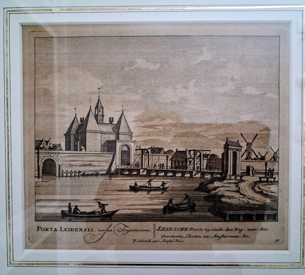 Antieke gravure Leidseporort te Amsterdam, Ingelijst, 33 cm, 30 cm, Stadsgezicht