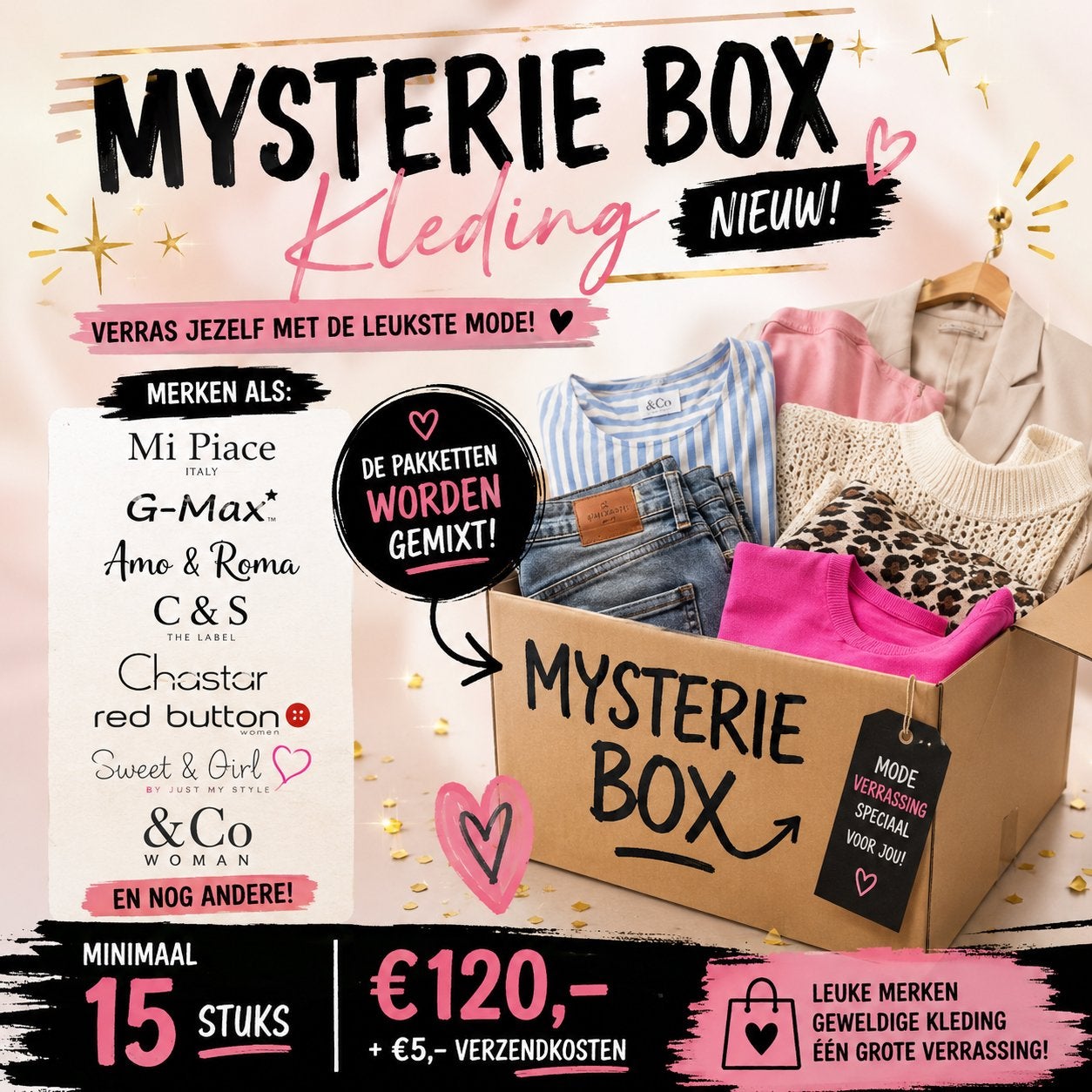 Mysterie Box Kleding Nieuw - 15+ stuks van topmerken, Kleding | Dames, Ophalen of Verzenden, Nieuw