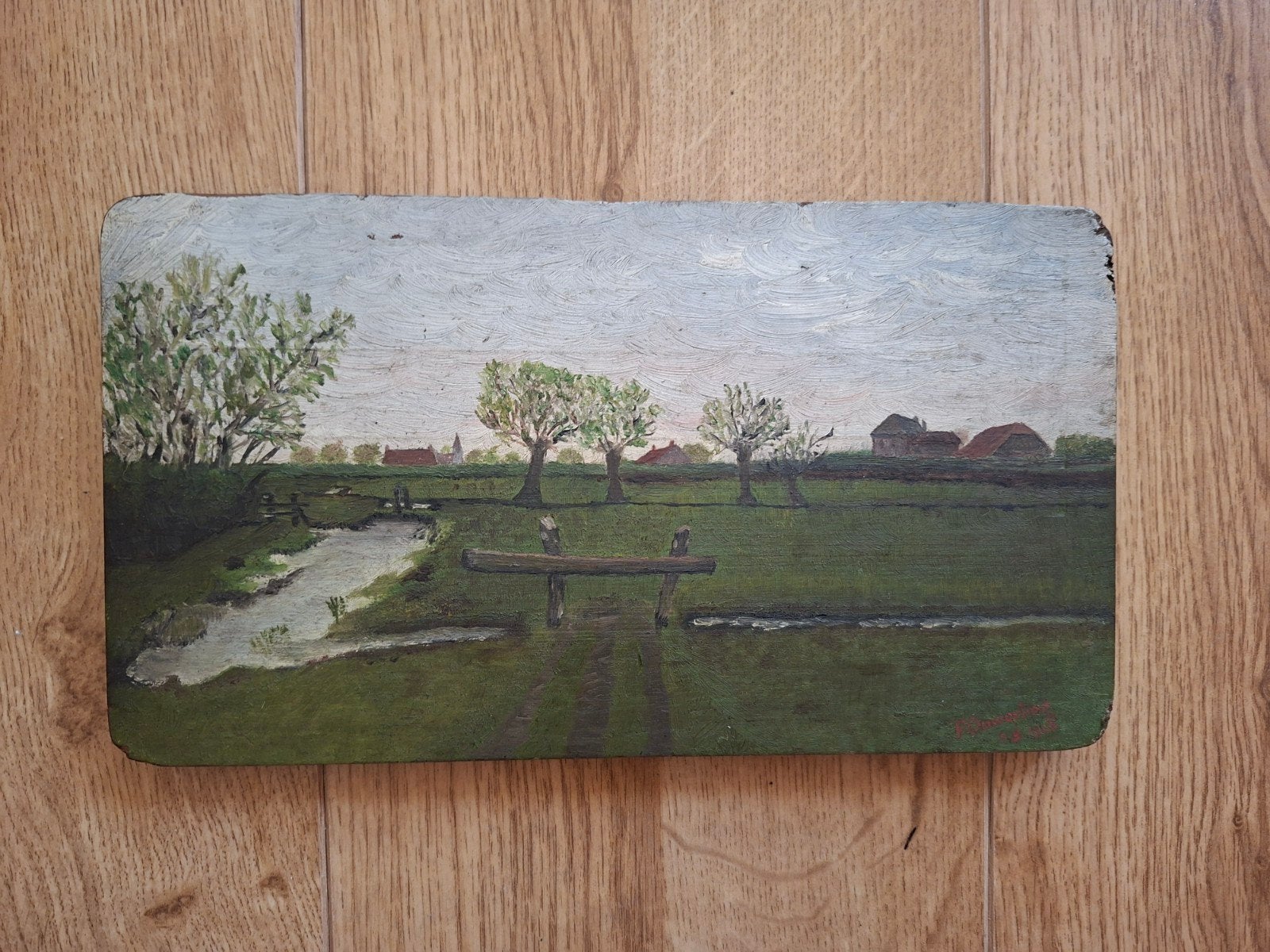 Antiek schilderij polderlandschap - F. Ouwerling -26x15 cm, Ophalen of Verzenden