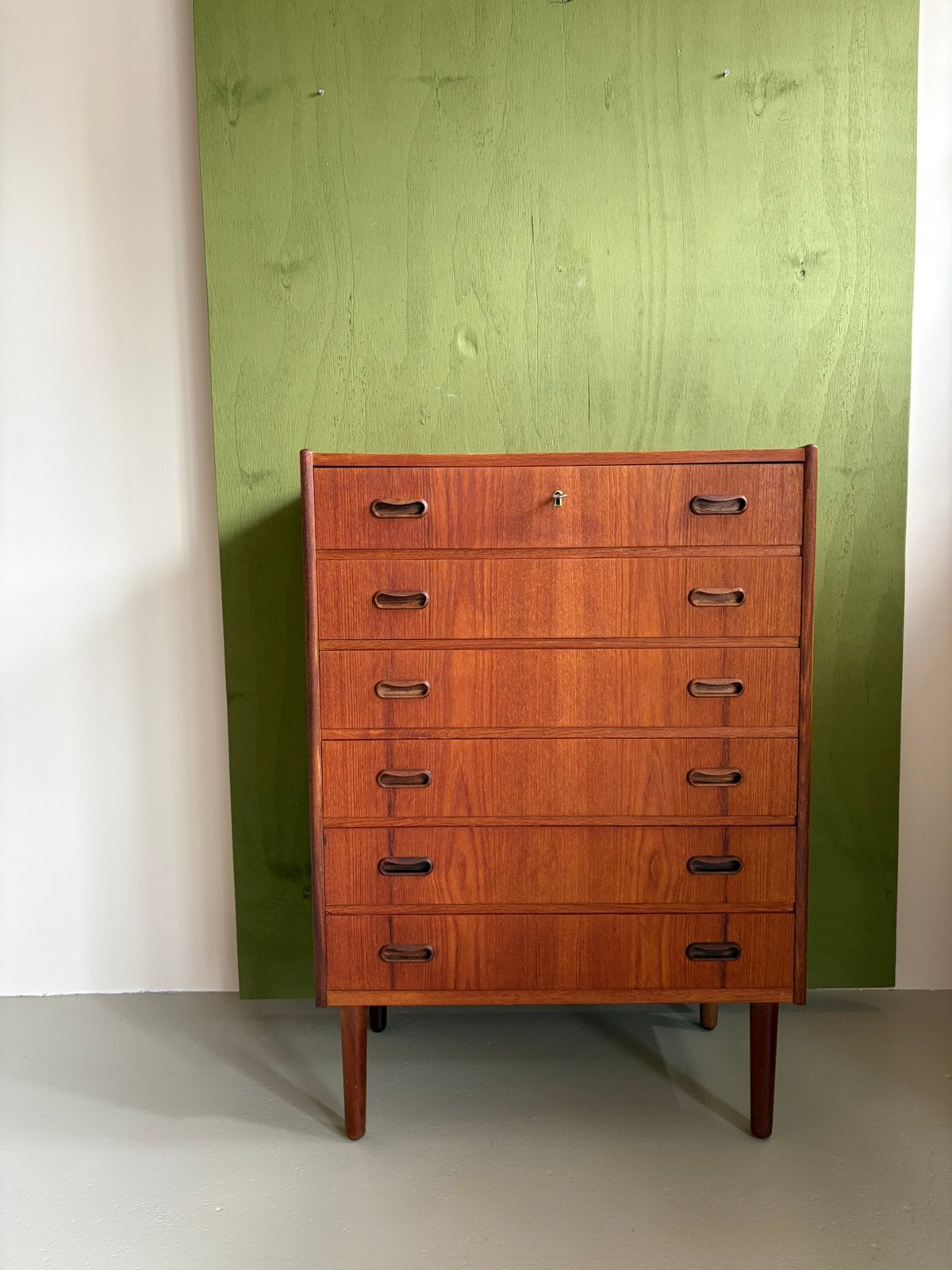 Deense ladekast 6 lades highboy tallboy teakhout, Ophalen, Deens vintage design, 5 laden of meer, 100 tot 150 cm