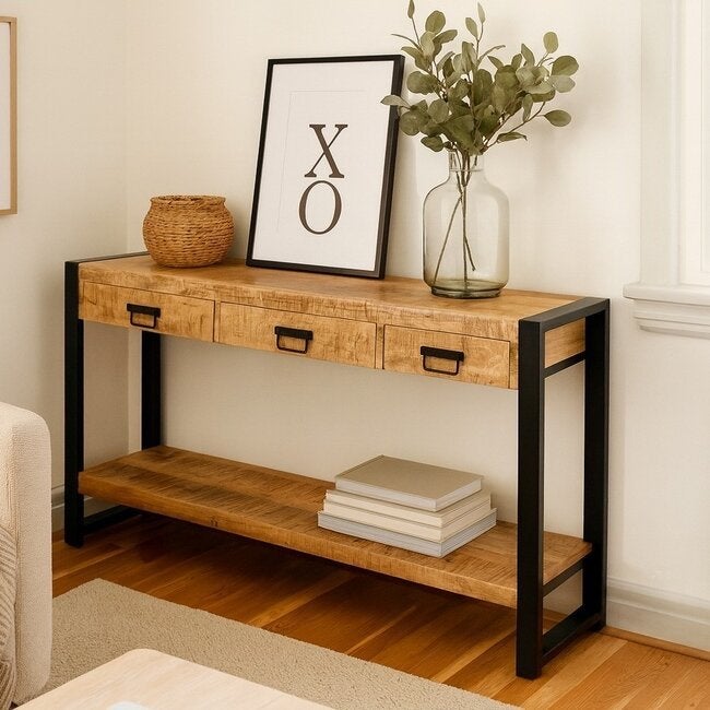 Mangohout Sidetable 150cm met 3 Lades nieuw in doos, Ophalen, 100 tot 150 cm, Nieuw, Overige houtsoorten