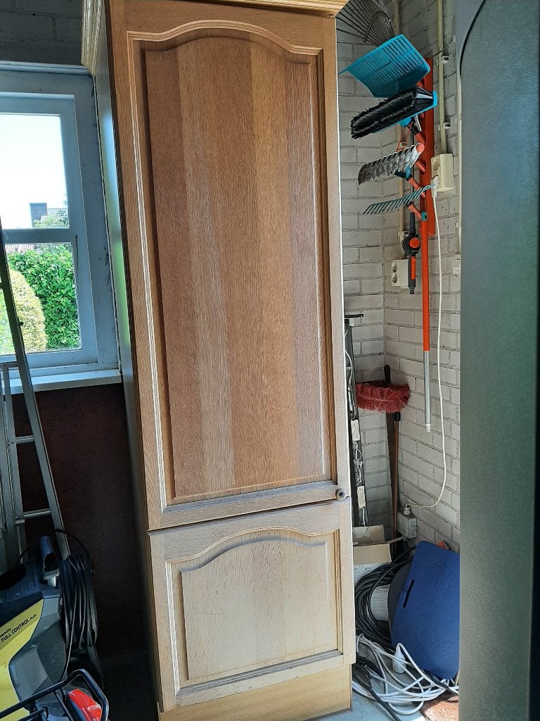 keukenkast massief eiken front en kroonlijst., Ophalen, Gebruikt, Bruin, 200 cm of meer