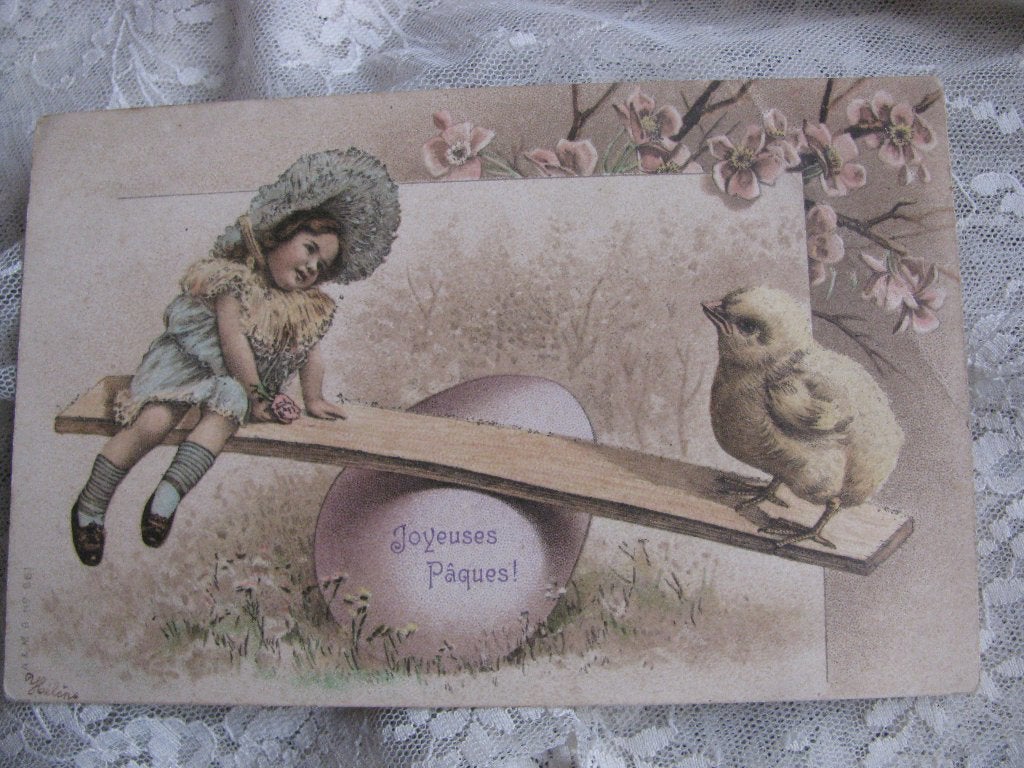 Antieke Kaart uit 1908 - Meisje met Kuiken op Groot Ei, Verzenden, Voor 1920, Gelopen, Feest(dag)