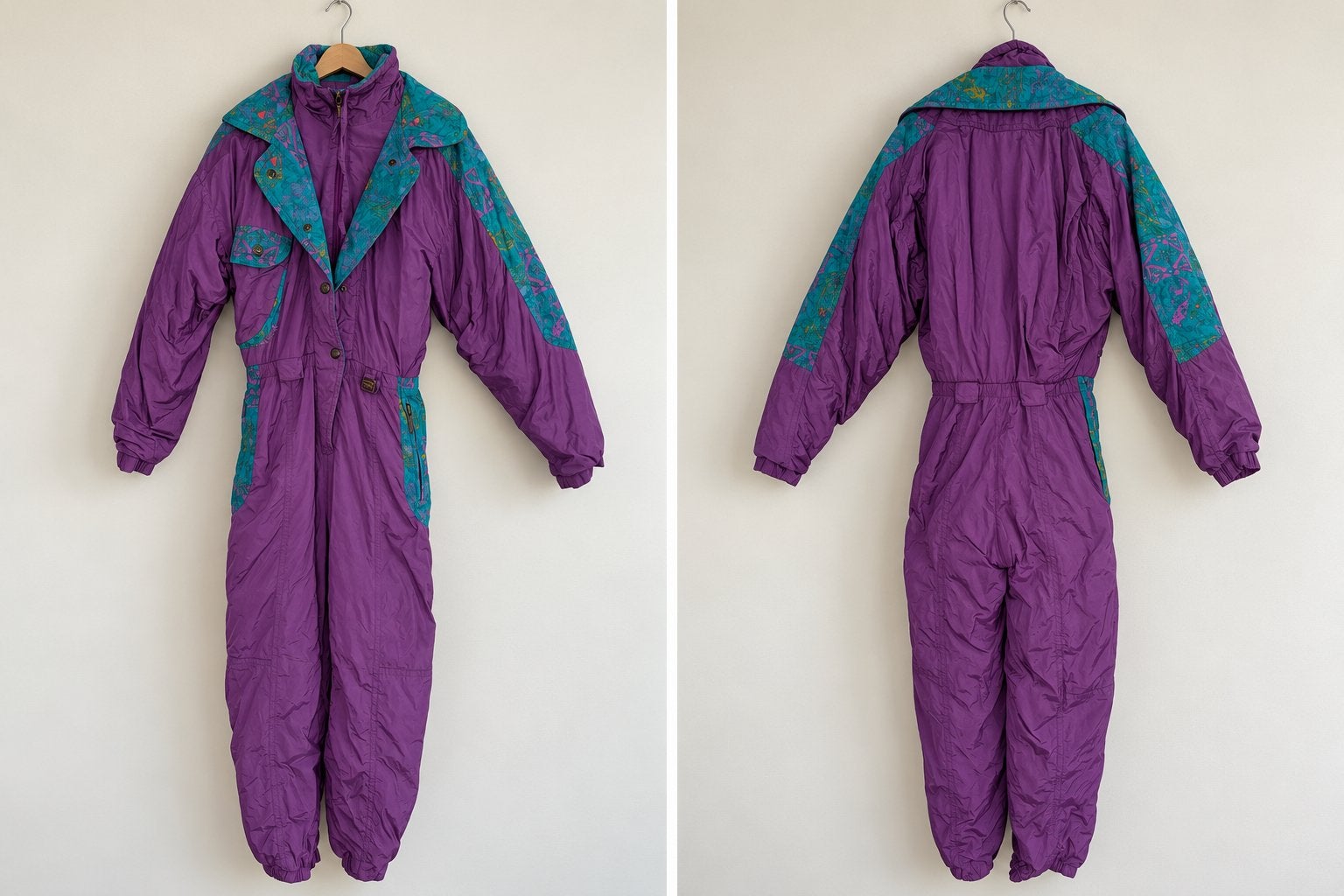 Vintage Paars Ski Pak met Groen Patroon - Maat 36, Ophalen of Verzenden, Zo goed als nieuw, Maat 36 (S), Carnaval